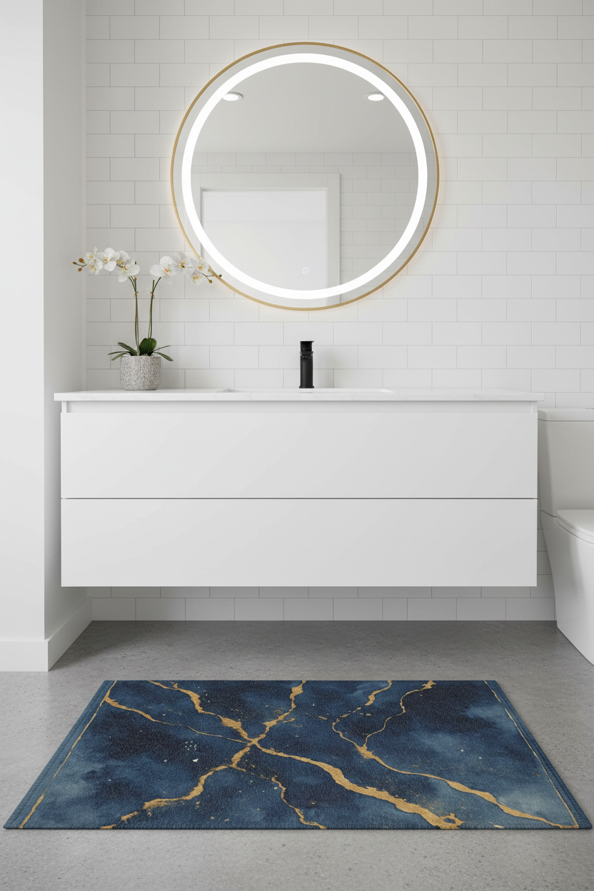 24x36 inch navy and gold marble rug in small space