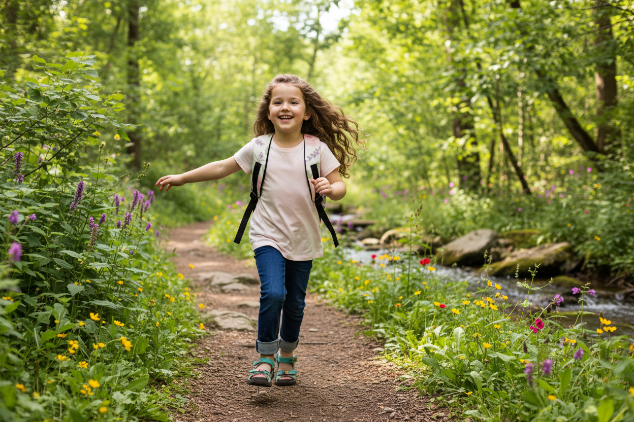 Child with floral backpack on outdoor adventure