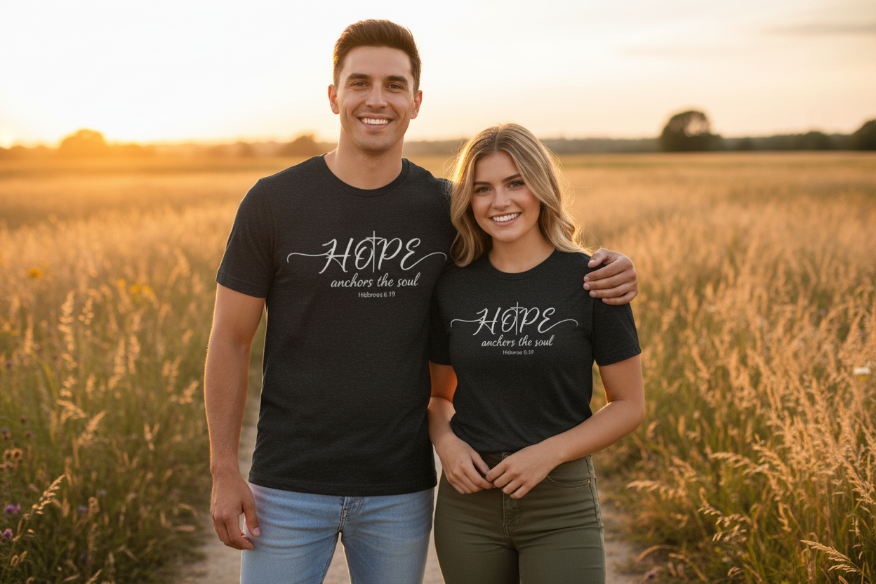 Couple in natural setting wearing black heather Hope anchors the soul T-shirts