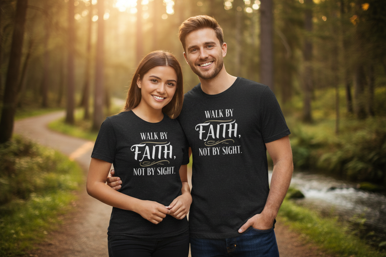 Couple in natural setting wearing black heather Walk by Faith T-shirts