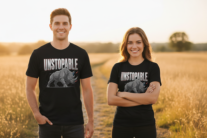 Couple in natural setting wearing black Unstoppable rhino T-shirts