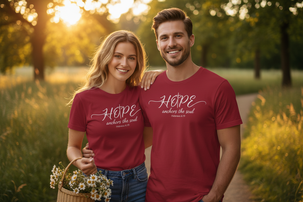 Couple in natural setting wearing cardinal red Hope anchors the soul T-shirts