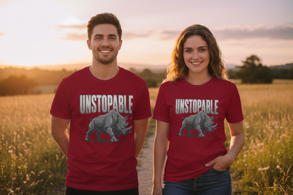 Couple in natural setting wearing cardinal red Unstoppable rhino T-shirts