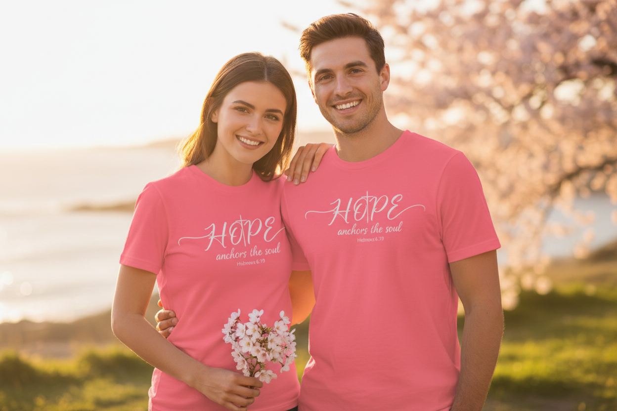 Couple in natural setting wearing charity pink Hope anchors the soul T-shirts