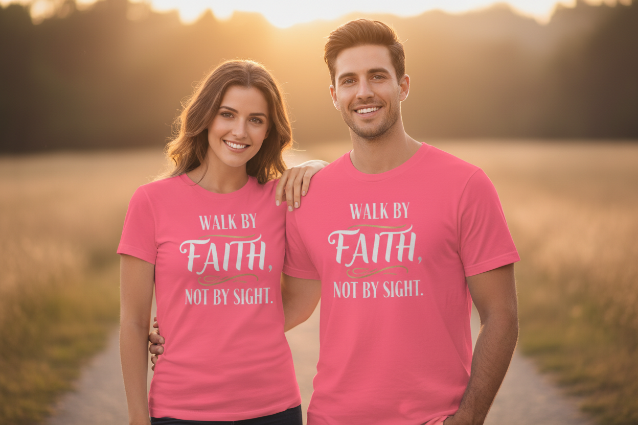 Couple in natural setting wearing charity pink Walk by Faith T-shirts