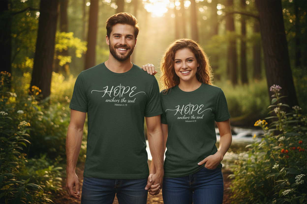 Couple in natural setting wearing heather emerald Hope anchors the soul T-shirts