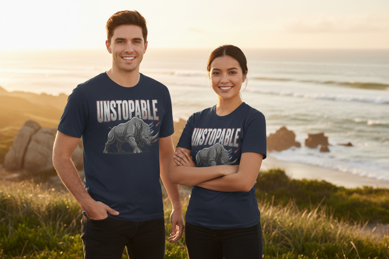 Couple in natural setting wearing heather navy Unstoppable rhino T-shirts