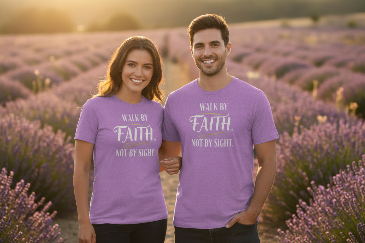 Couple in natural setting wearing heather team purple Walk by Faith T-shirts