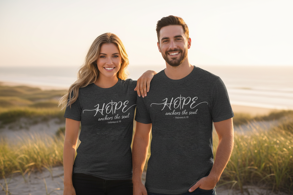 Couple in natural setting wearing Hope anchors the soul T-shirts