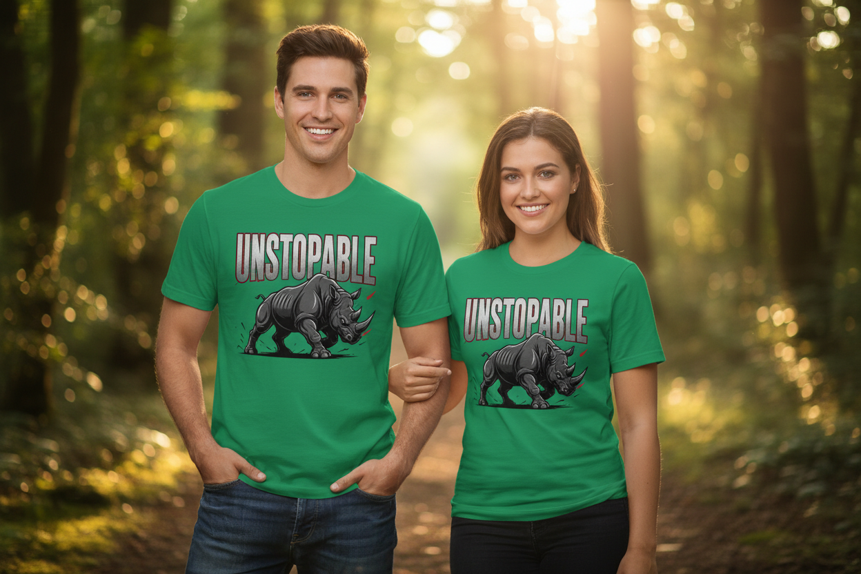 Couple in natural setting wearing kelly green Unstoppable rhino T-shirts