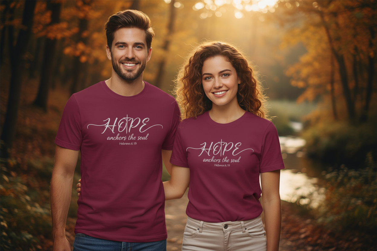 Couple in natural setting wearing maroon Hope anchors the soul T-shirts