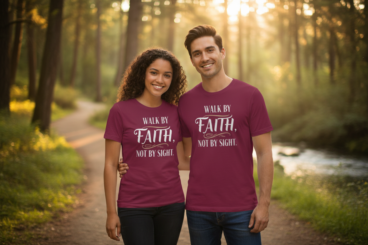 Couple in natural setting wearing maroon Walk by Faith T-shirts