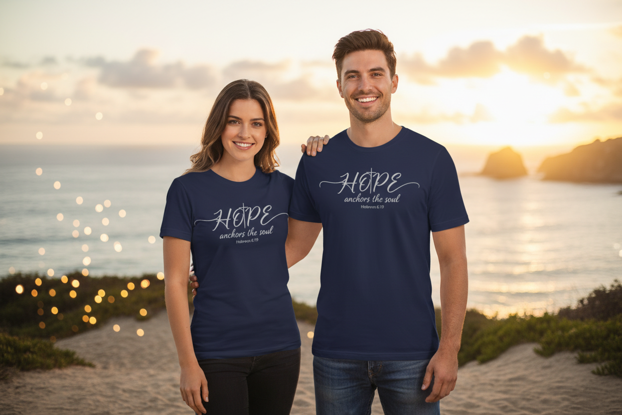 Couple in natural setting wearing navy Hope anchors the soul T-shirts