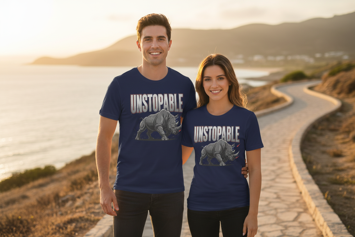Couple in natural setting wearing navy Unstoppable rhino T-shirts
