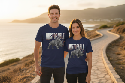 Couple in natural setting wearing navy Unstoppable rhino T-shirts