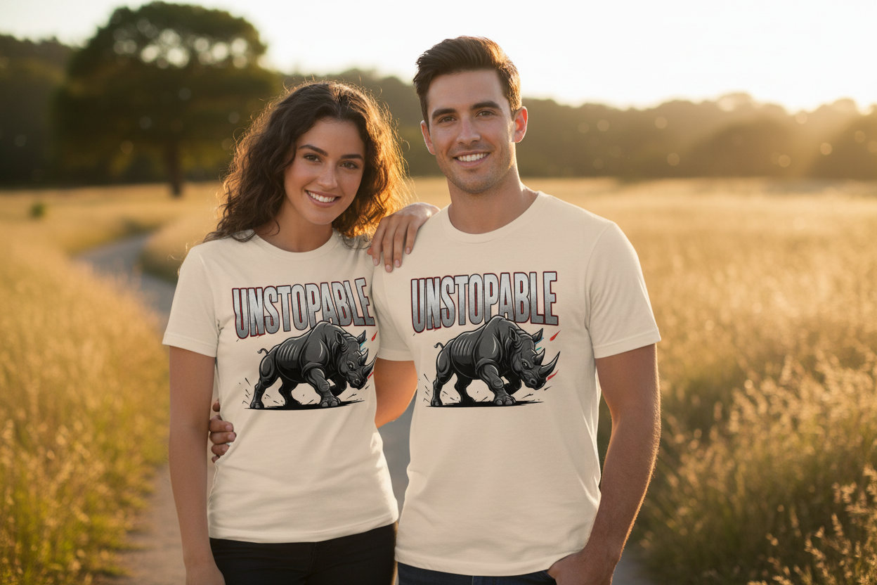 Couple in natural setting wearing soft cream Unstoppable rhino T-shirts