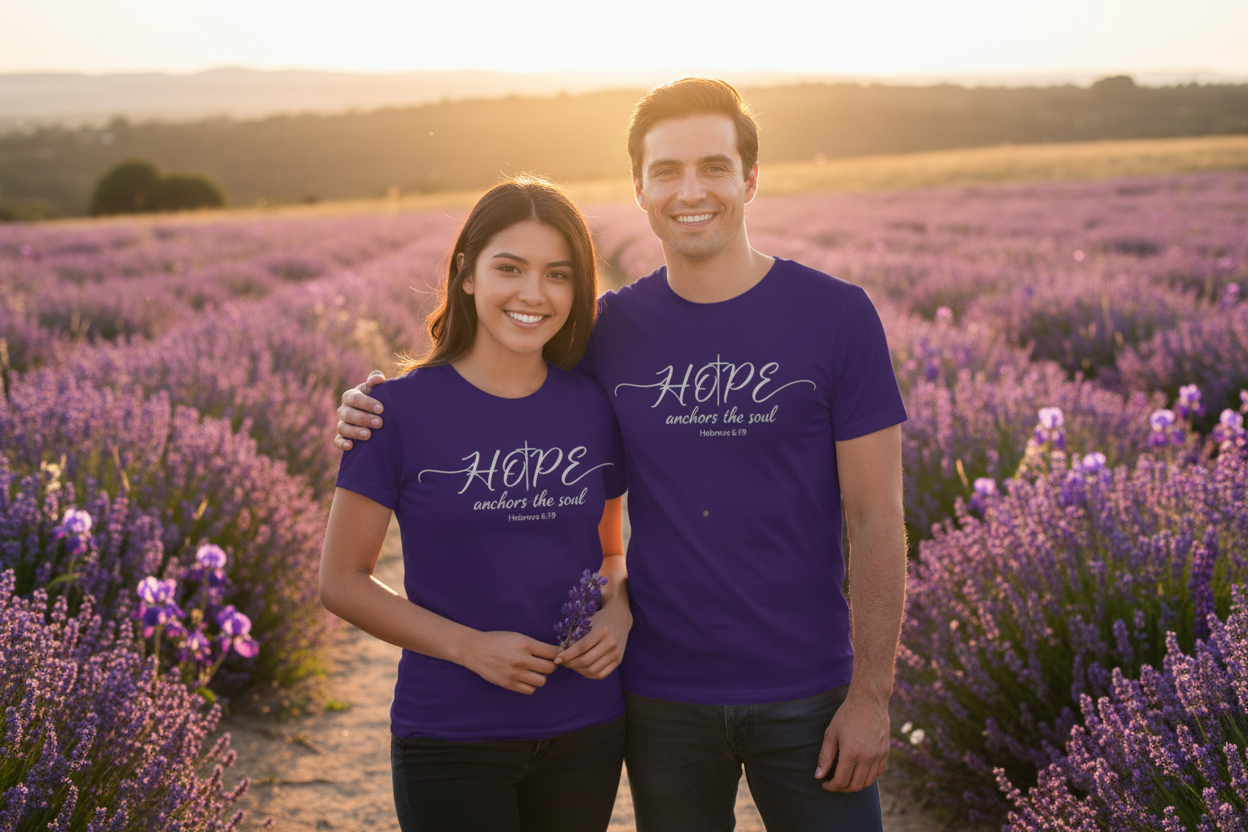 Couple in natural setting wearing team purple Hope anchors the soul T-shirts