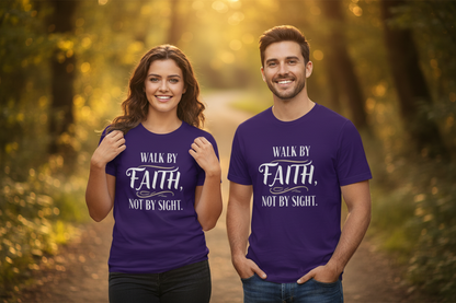 Couple in natural setting wearing team purple Walk by Faith T-shirts