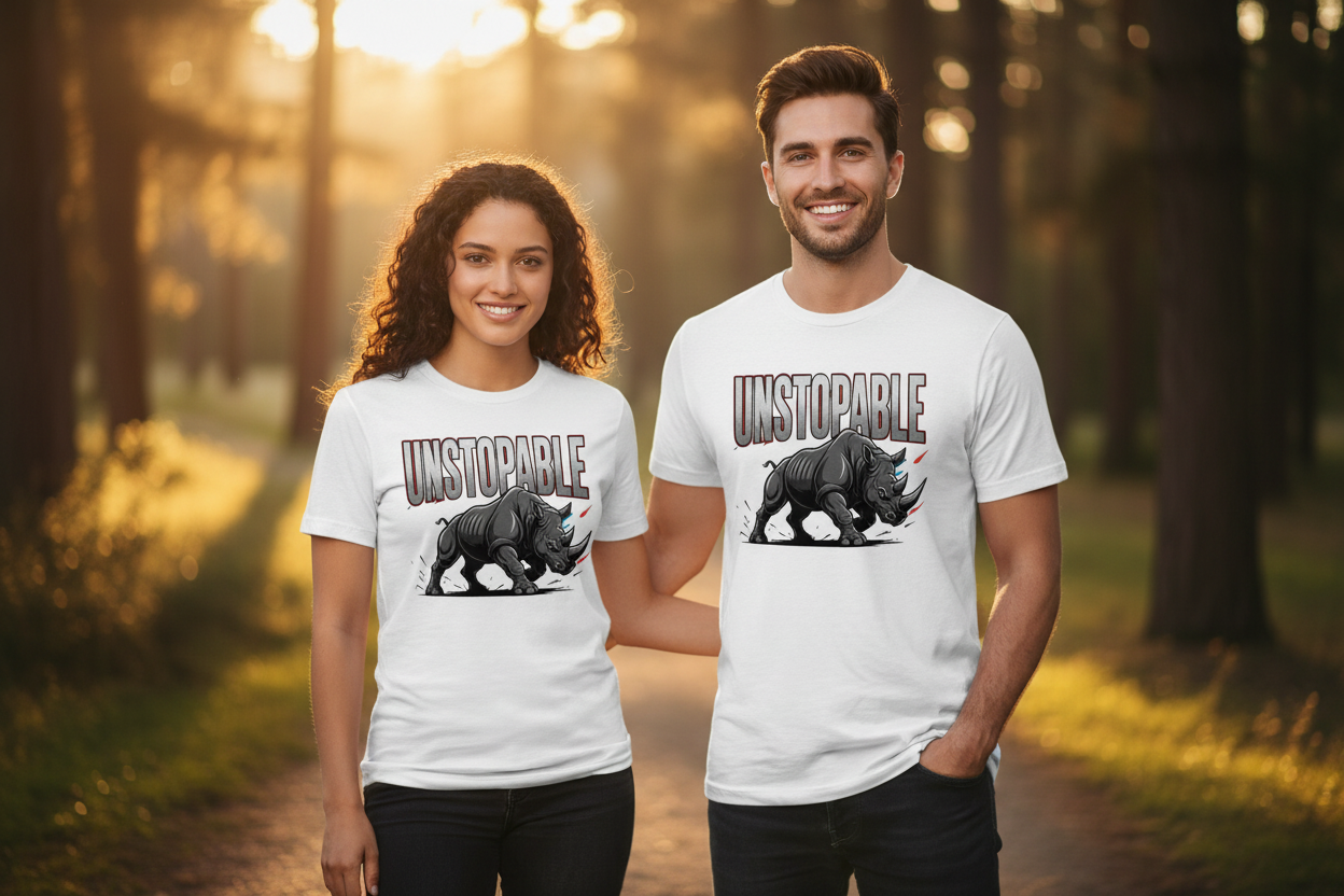 Couple in natural setting wearing Unstoppable rhino T-shirts