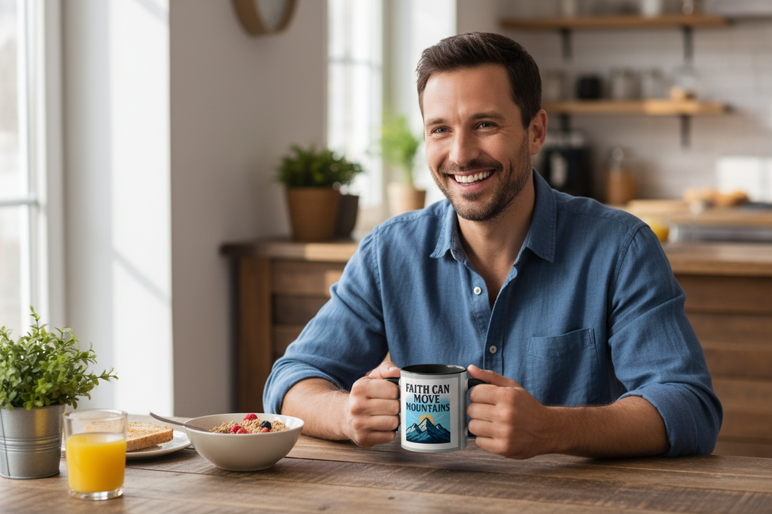 Happy man at breakfast table