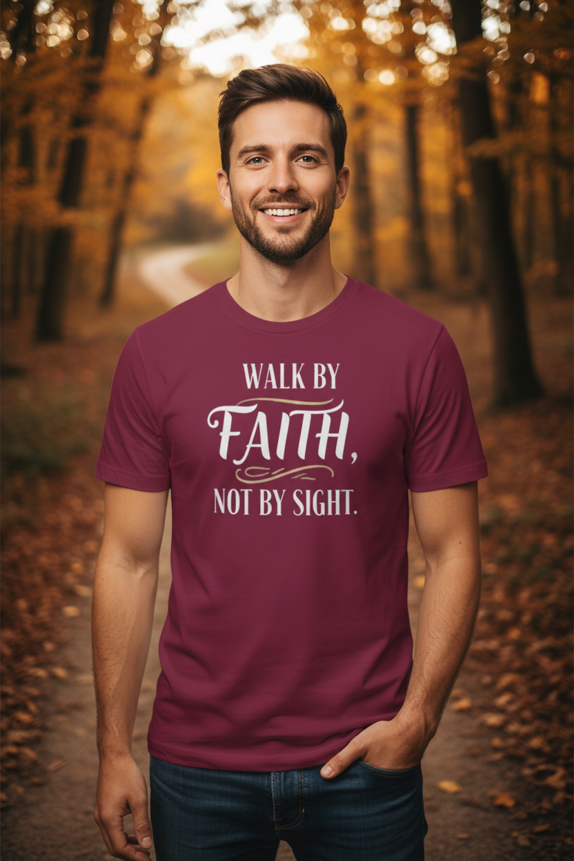 Man in natural setting wearing maroon Walk by Faith T-shirt