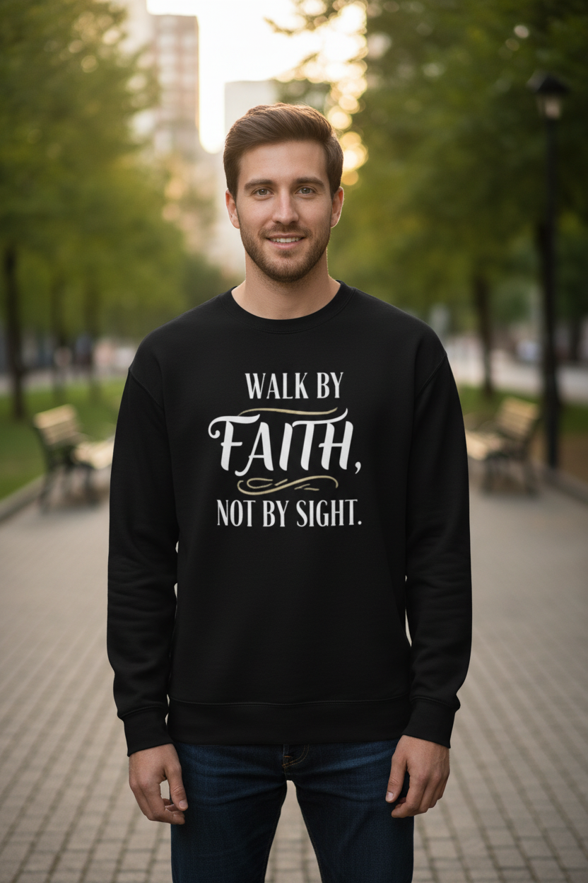 Man wearing black Walk By Faith sweatshirt