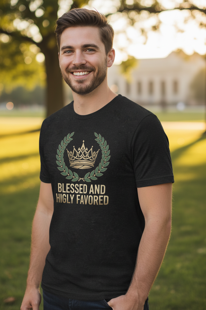 Man wearing Blessed and Highly Favored t-shirt - angle view