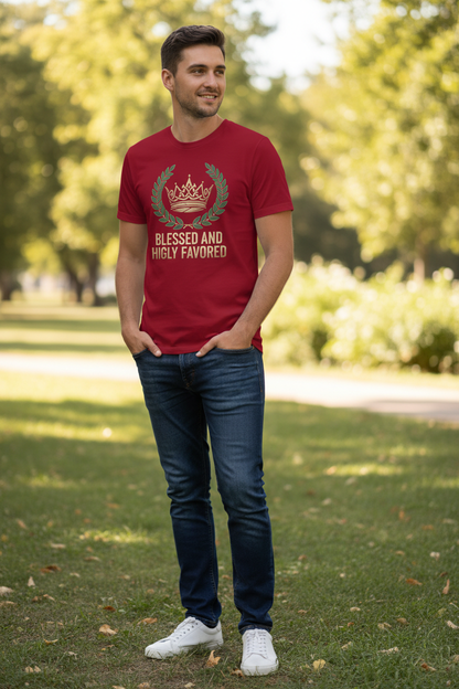 Man wearing Blessed and Highly Favored t-shirt in cardinal red - angle view
