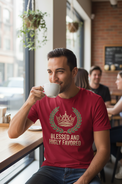 Man wearing Blessed and Highly Favored t-shirt in cardinal red - front view