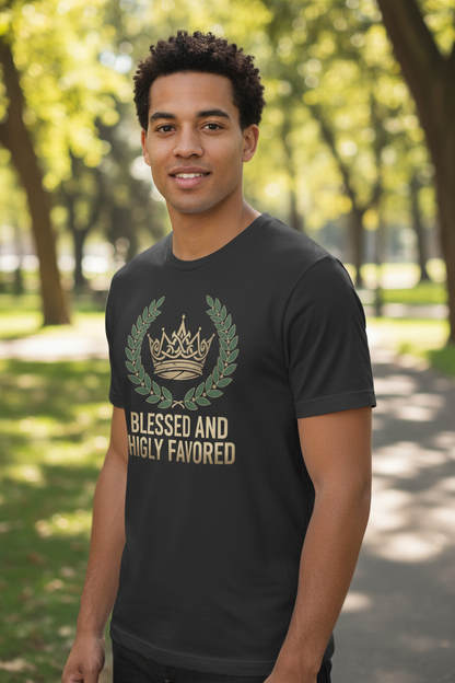Man wearing Blessed and Highly Favored t-shirt in dark grey - angle view