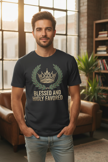 Man wearing Blessed and Highly Favored t-shirt in dark grey - lifestyle view