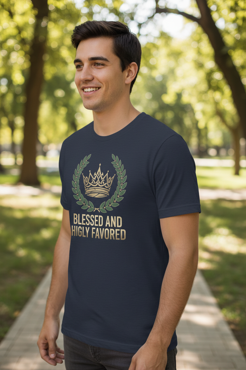 Man wearing Blessed and Highly Favored t-shirt in heather navy - angle view
