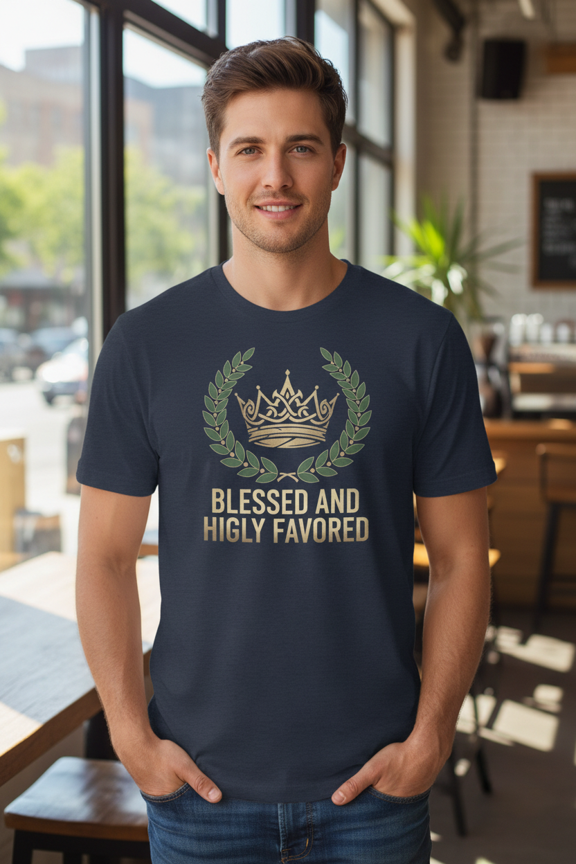 Man wearing Blessed and Highly Favored t-shirt in heather navy - front view