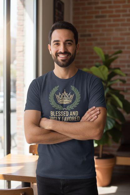 Man wearing Blessed and Highly Favored t-shirt in heather navy - lifestyle view