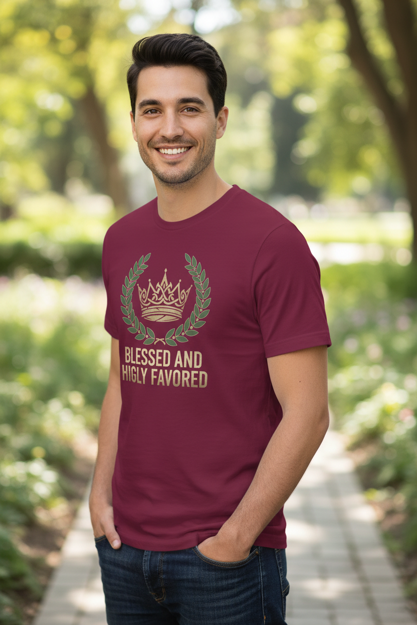 Man wearing Blessed and Highly Favored t-shirt in maroon - angle view
