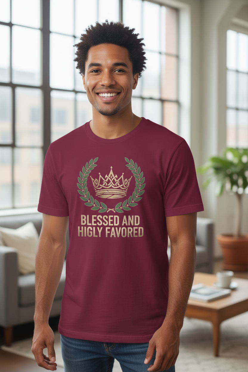 Man wearing Blessed and Highly Favored t-shirt in maroon - front view