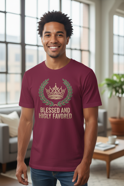 Man wearing Blessed and Highly Favored t-shirt in maroon - front view