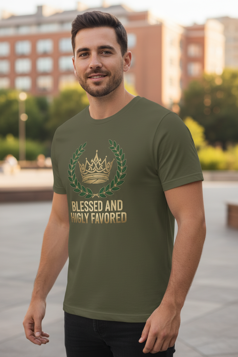 Man wearing Blessed and Highly Favored t-shirt in military green - angle view