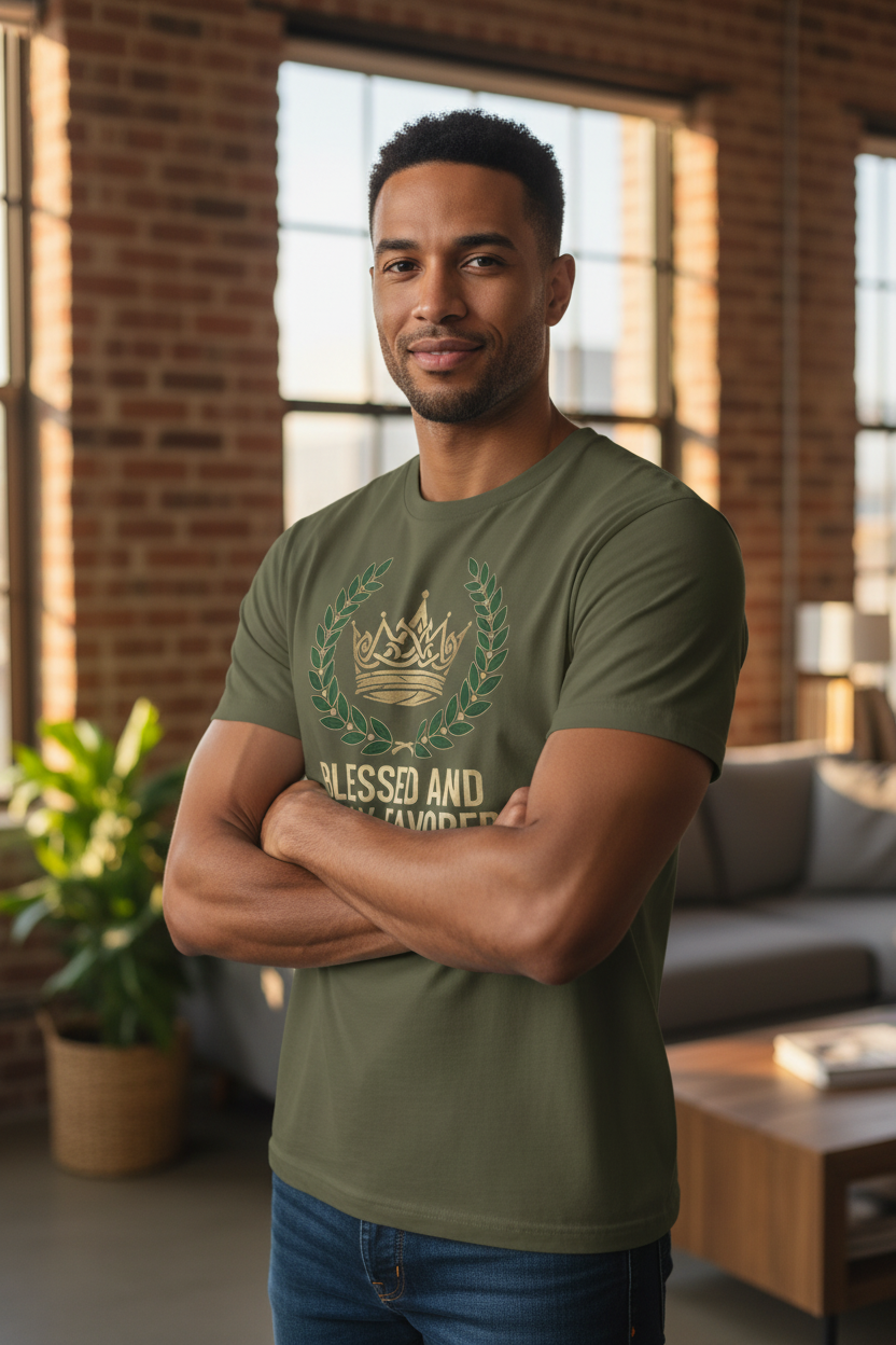 Man wearing Blessed and Highly Favored t-shirt in military green - lifestyle view