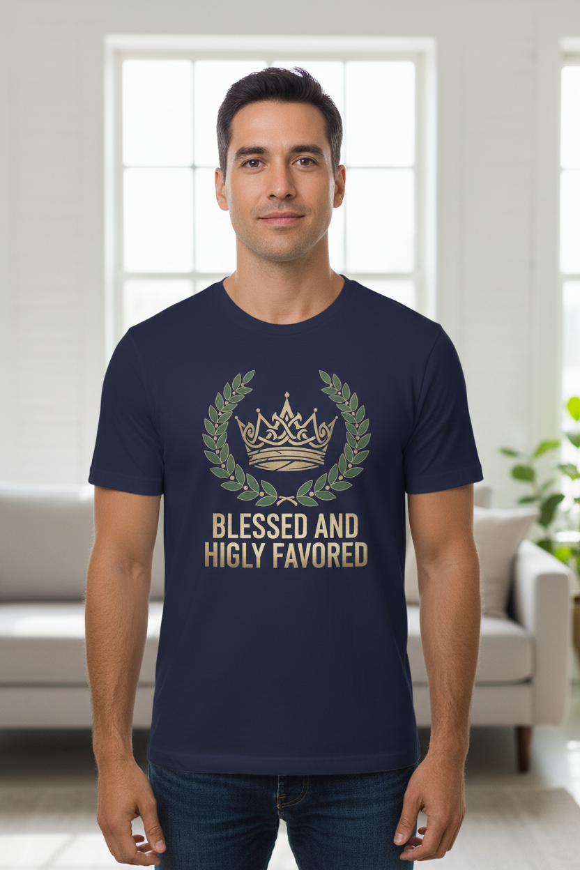 Man wearing Blessed and Highly Favored t-shirt in navy - front view