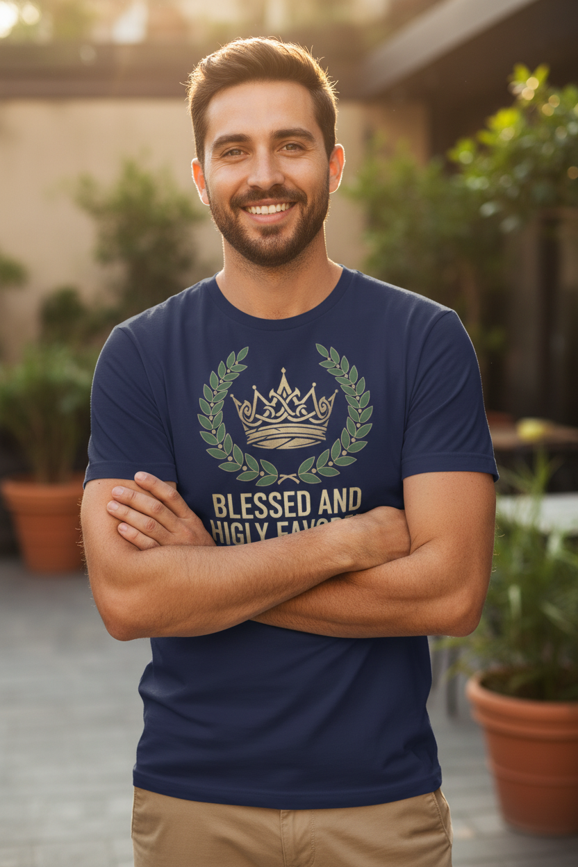 Man wearing Blessed and Highly Favored t-shirt in navy - lifestyle view