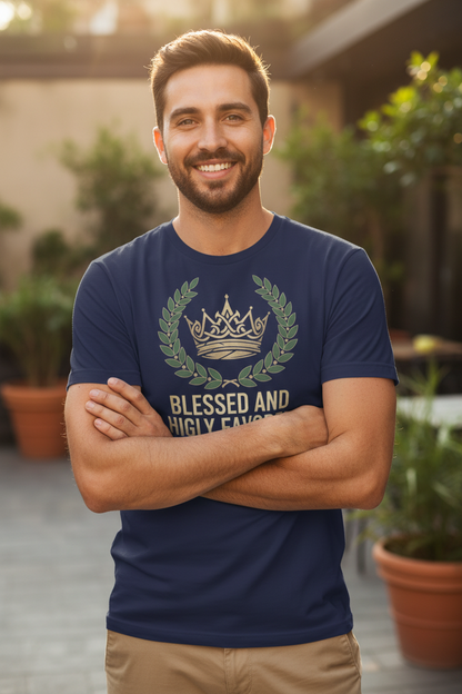 Man wearing Blessed and Highly Favored t-shirt in navy - lifestyle view