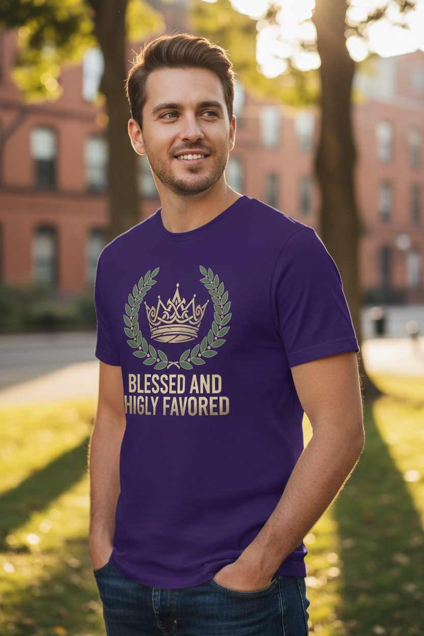 Man wearing Blessed and Highly Favored t-shirt in team purple - angle view