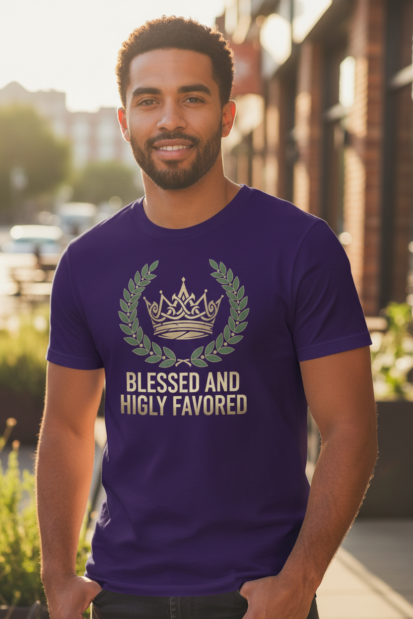 Man wearing Blessed and Highly Favored t-shirt in team purple - lifestyle view