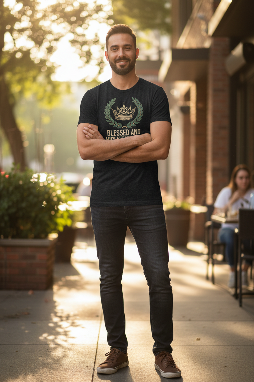 Man wearing Blessed and Highly Favored t-shirt - lifestyle view