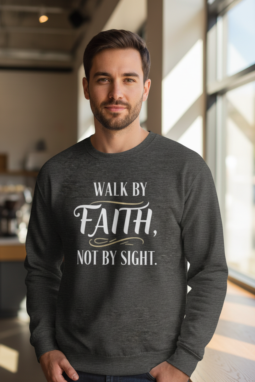 Man wearing charcoal heather Walk By Faith sweatshirt