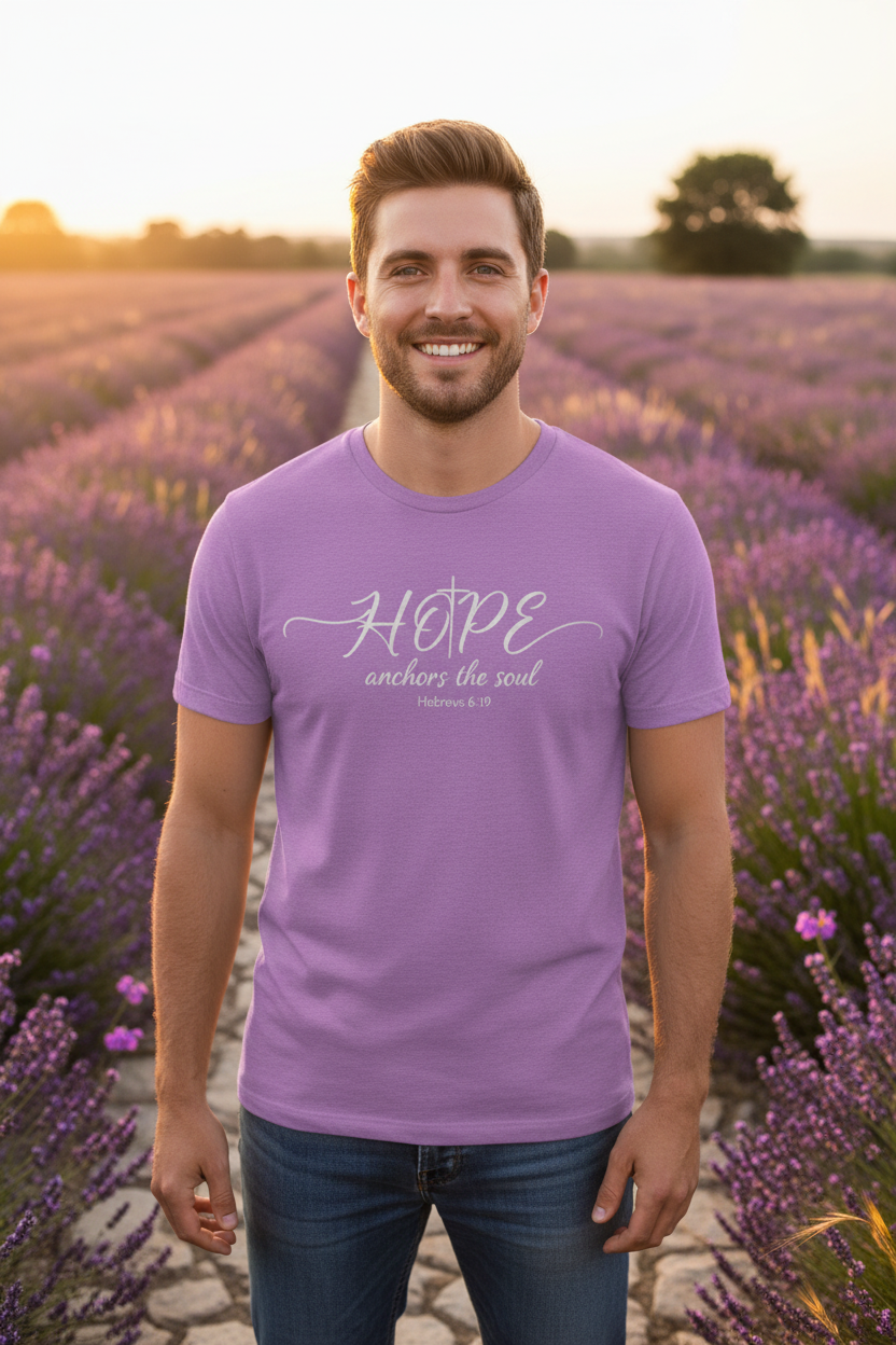 Man wearing heather team purple Hope anchors the soul T-shirt