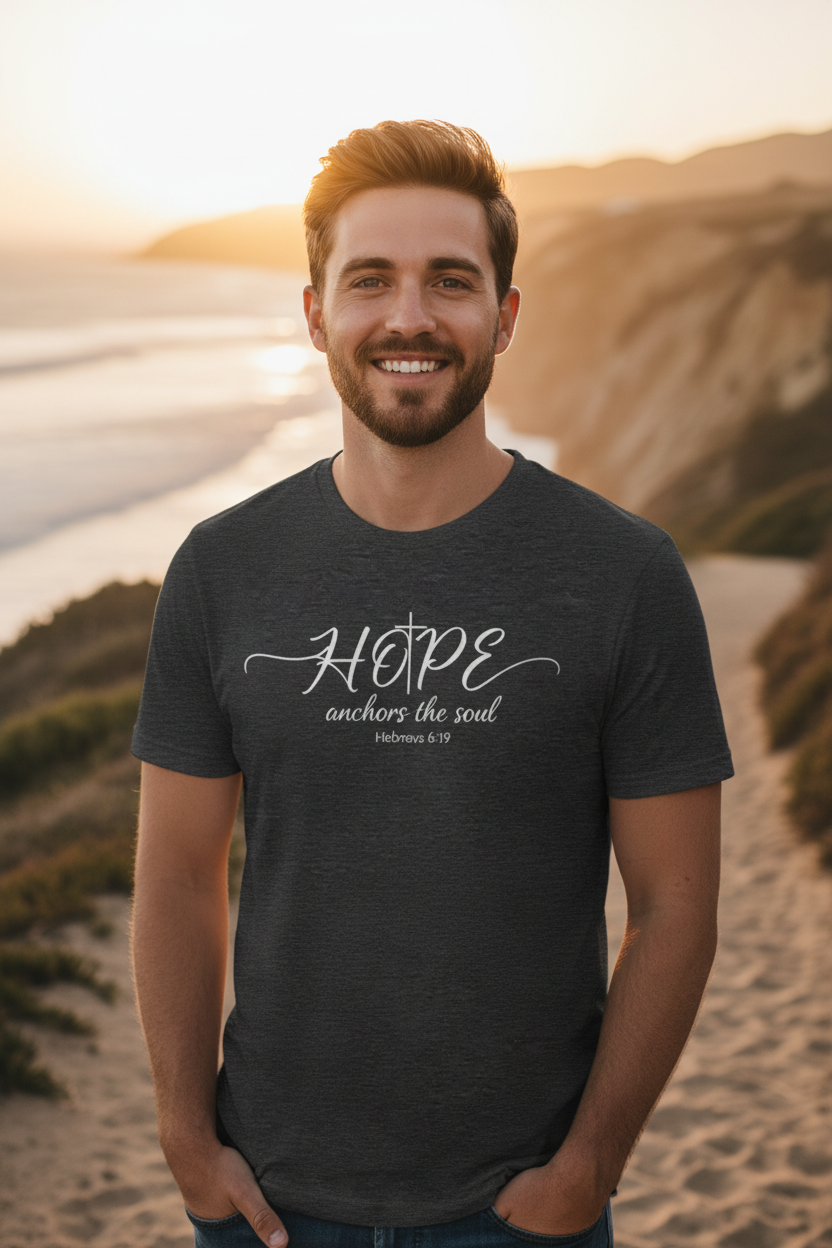 Man wearing Hope anchors the soul T-shirt