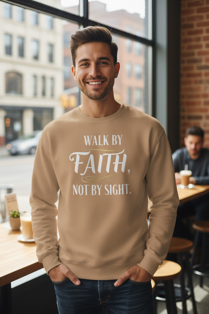 Man wearing latte Walk By Faith sweatshirt