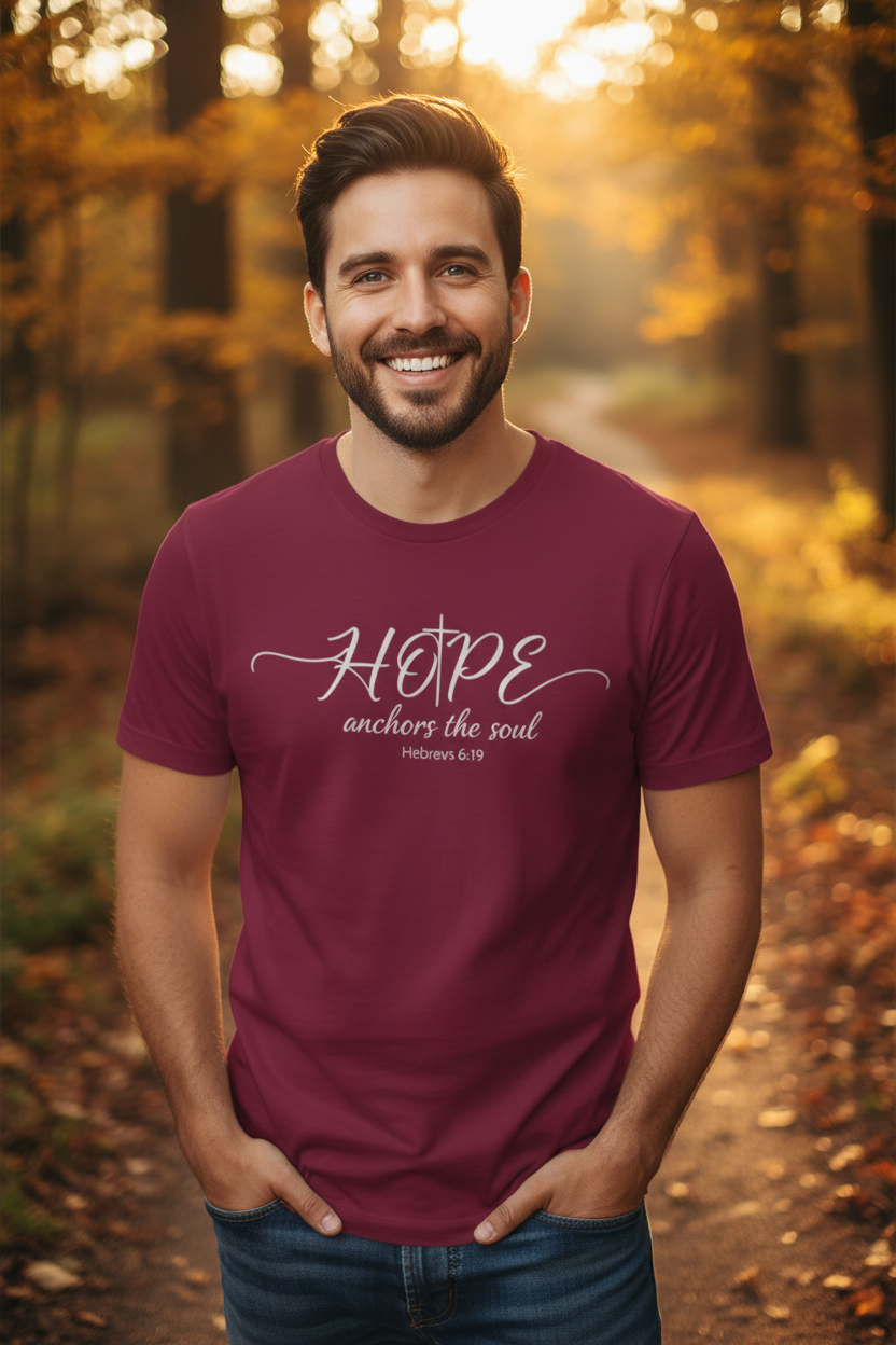 Man wearing maroon Hope anchors the soul T-shirt